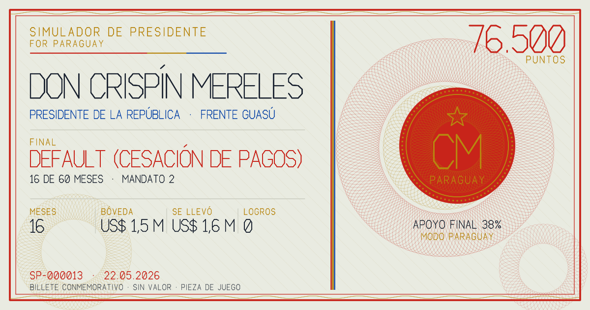 Billete conmemorativo de Don Crispín Mereles, final: Default (cesación de pagos)