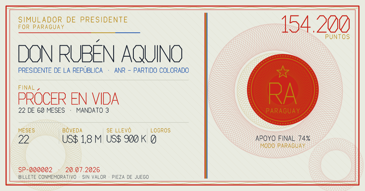 Billete conmemorativo de Don Rubén Aquino, final: Prócer en vida