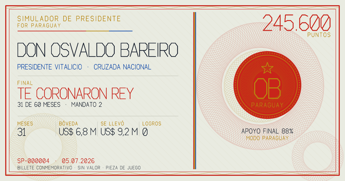 Billete conmemorativo de Don Osvaldo Bareiro, final: Te coronaron Rey